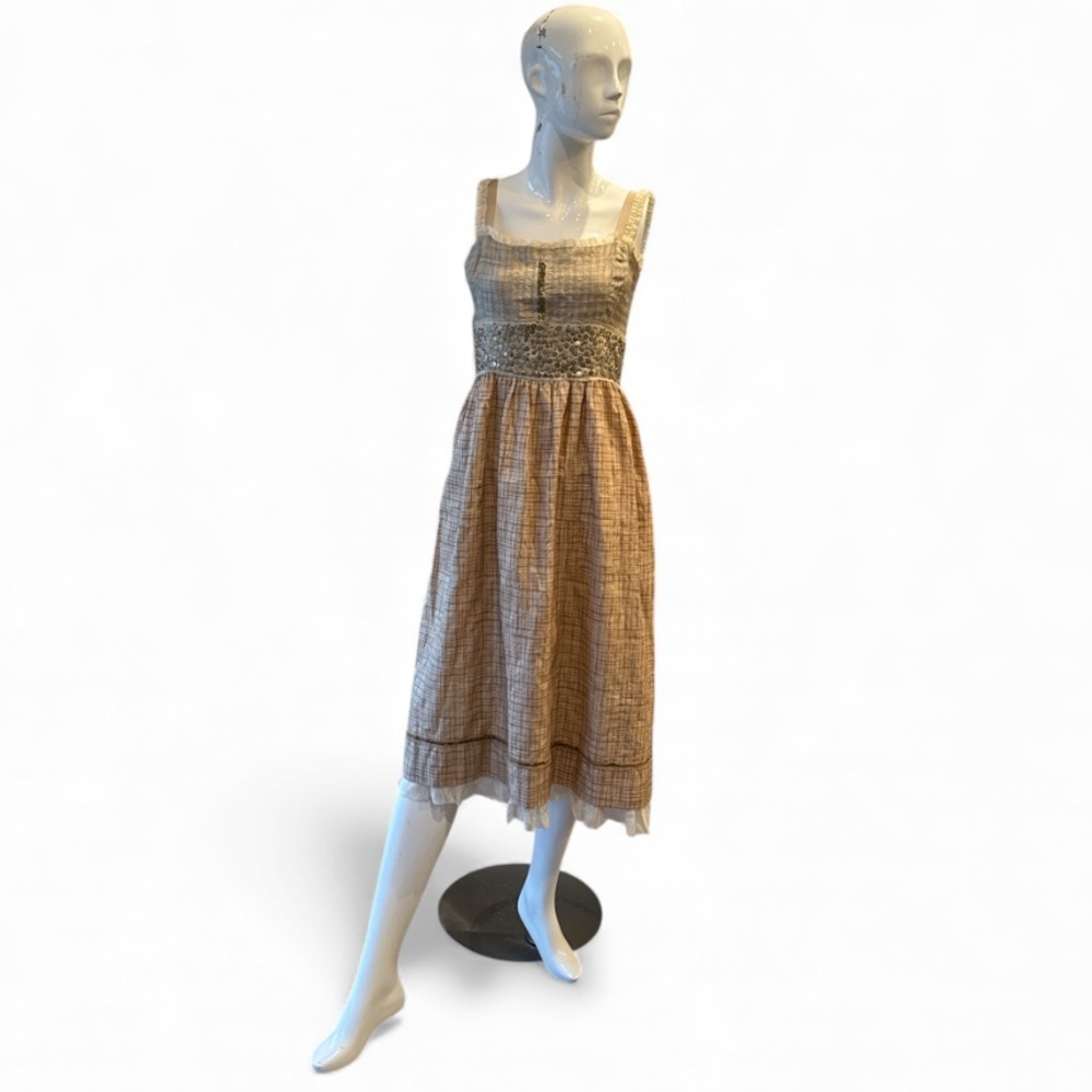 Easton Preston Vintage Handwoven Hand Embellished Silk Tan Dress Size 6 NWT